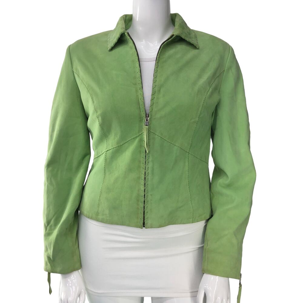 Double D Ranch Womens Size M Jacket Green Genuine Leather Full Zip TINY FLAW